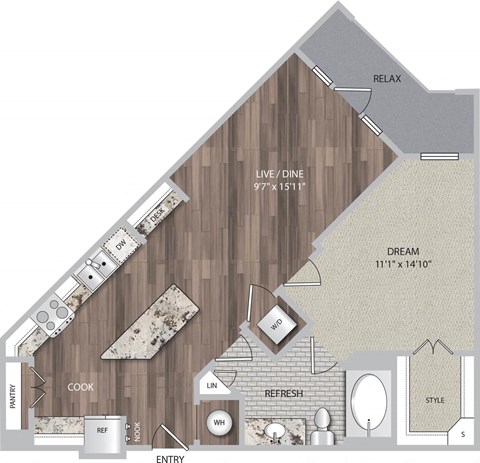 Floor plan for 1 bed, 1 bath, 776 sqft